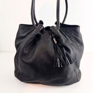 Michael Kors Black Pebbled Leather Tassel Shoulder Bag Bucket Tote Silver Tone